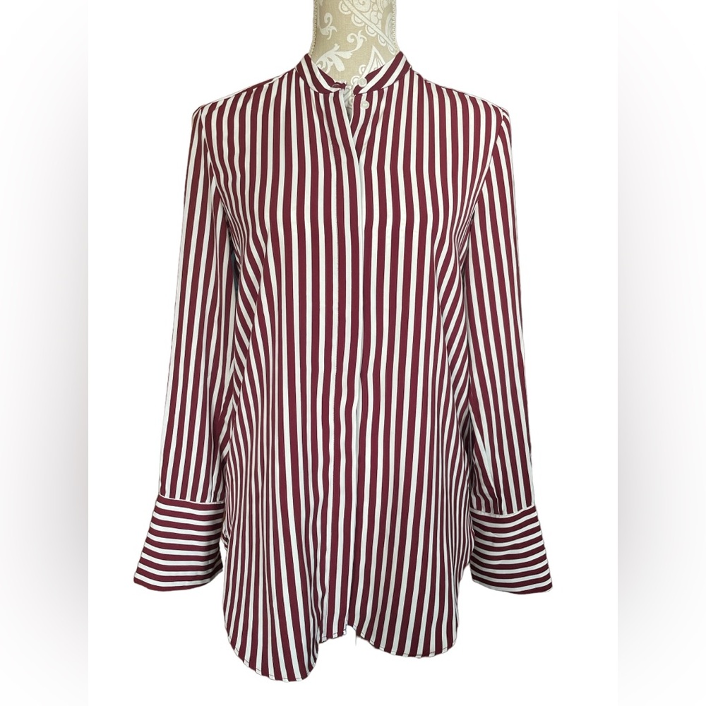 H&M Women’s Size 4 Maroon and White Striped Button Down Blouse